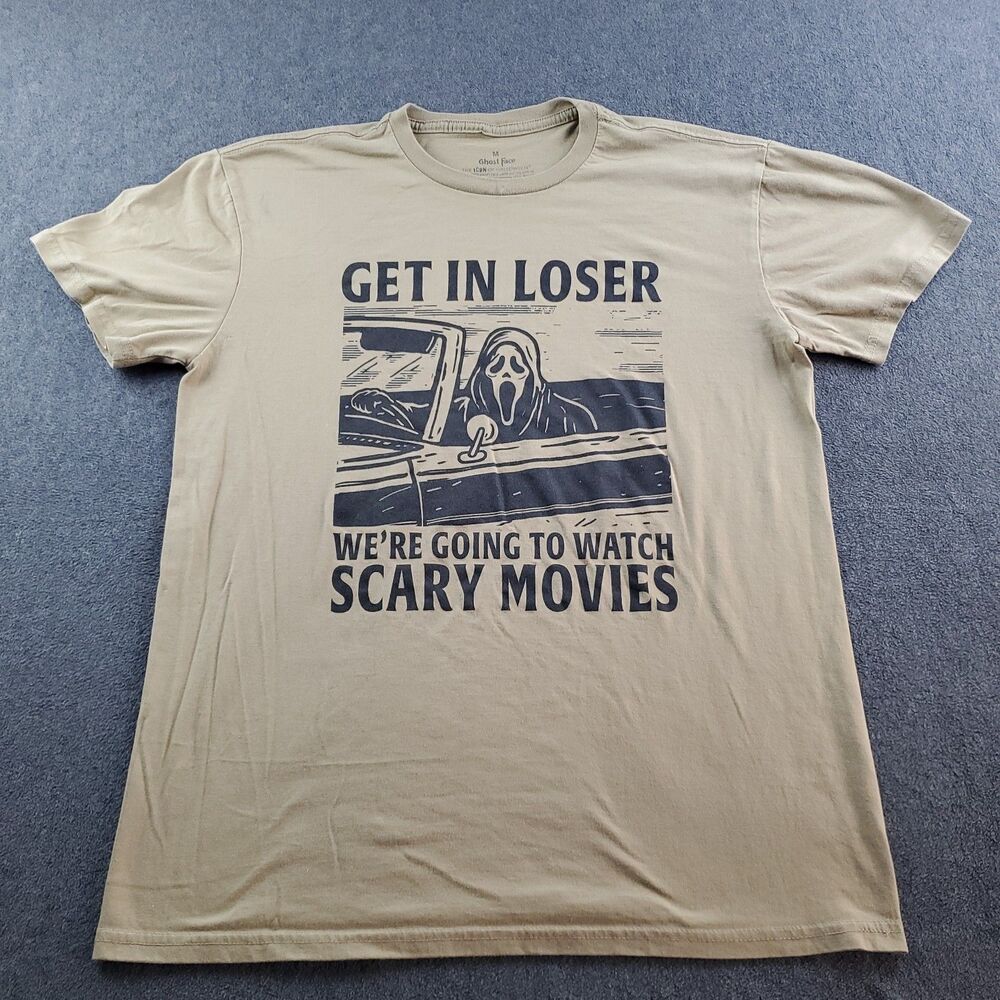 Ghostface Graphic T-Shirt Get In Loser Size Medium Tan Scary Movies Beige